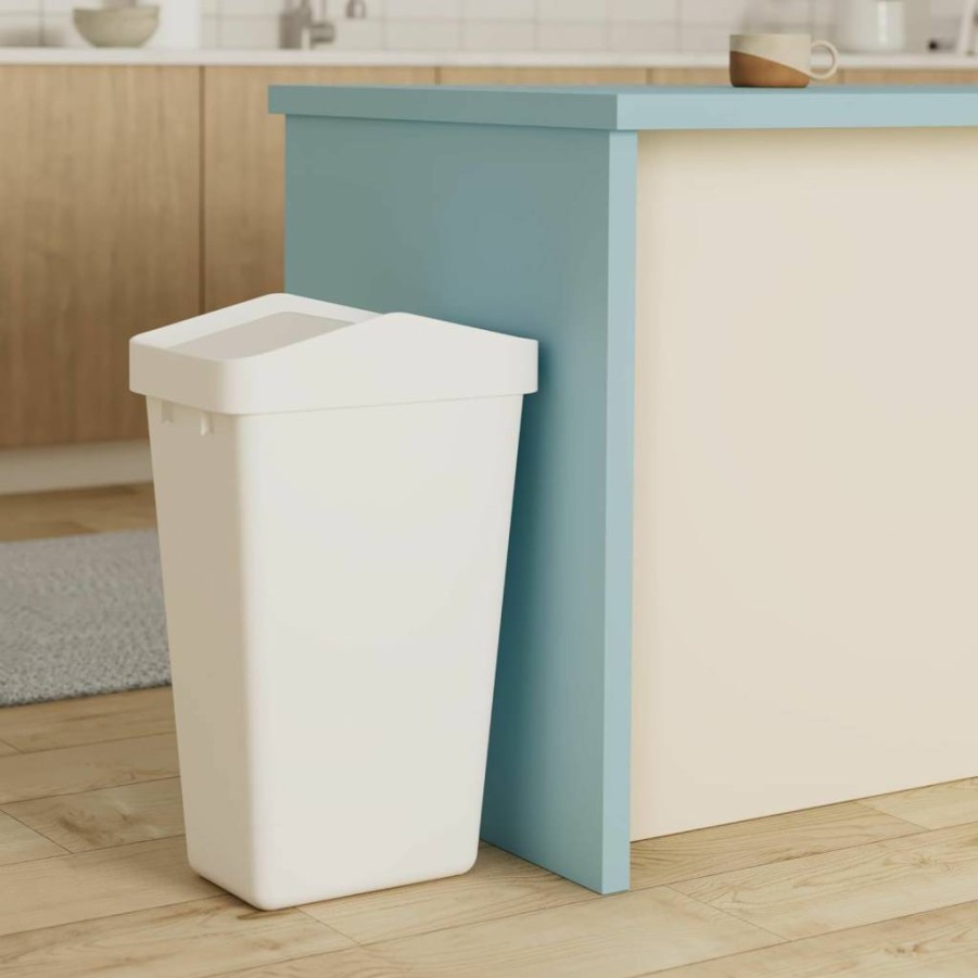 Rubbermaid 12.2 Gallon Slim Modern White Trash Can with Swing Top Lid for Kitchen and Home Waste Disposal