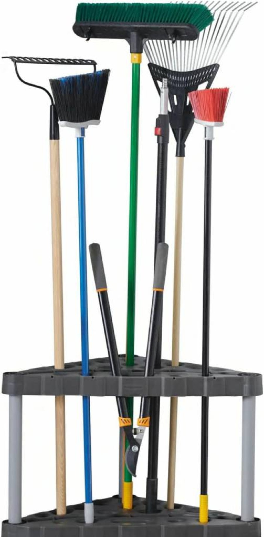 Rubbermaid Wheeled Garage Tool Organizer Rack - Holds 40 Long-Handled Tools, Brooms, Shovels - Easy Assembly for Home, Shed & Outdoor Storage - Black