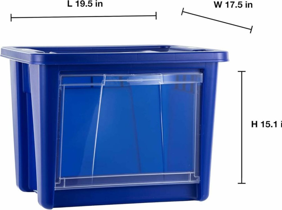 Rubbermaid 4-Pack Stackable Storage Bins with Clear Drop-Down Doors, Blazer Blue All-Access Totes for Closet Organization, Handles & Lids Included