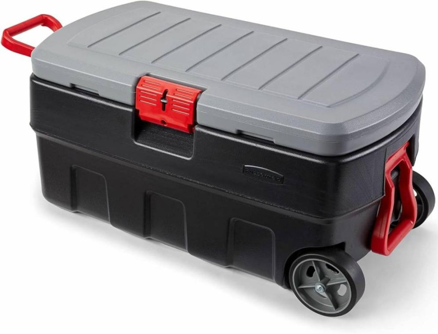 Rubbermaid Actionpacker 24-Gallon Lockable Storage Bin Set of 2, Heavy-Duty Outdoor & Industrial Container, Water-Resistant Grey Black Design