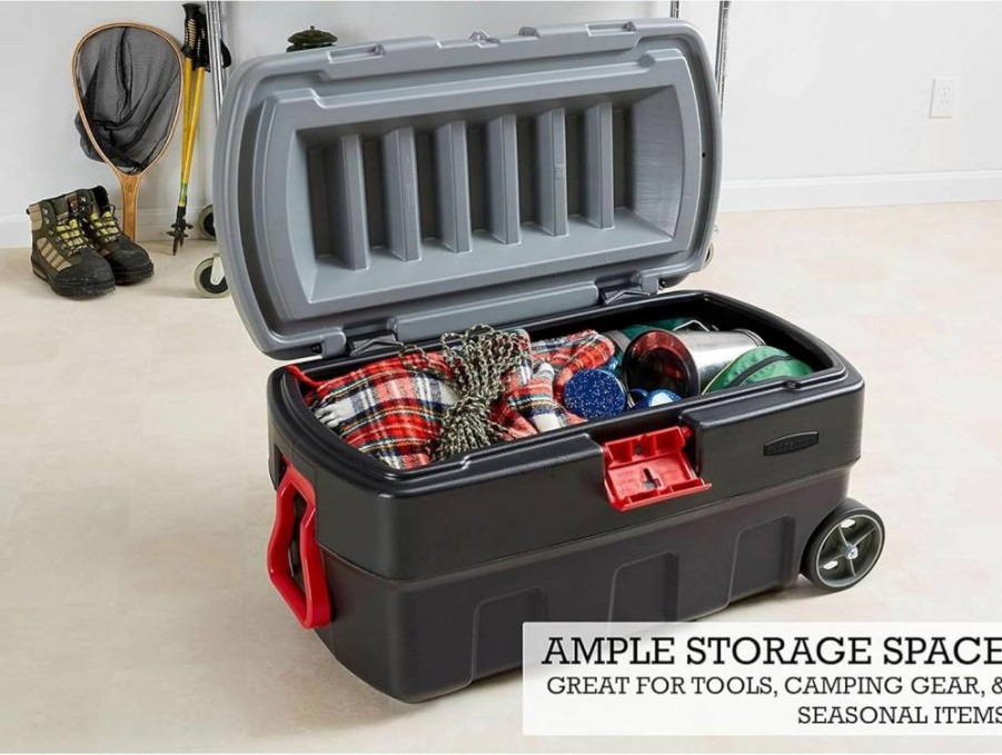 Rubbermaid Actionpacker 24-Gallon Lockable Storage Bin Set of 2, Heavy-Duty Outdoor & Industrial Container, Water-Resistant Grey Black Design