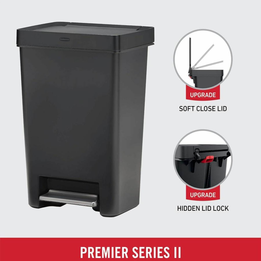 Rubbermaid Premier 12.4 Gallon Step-On Trash Can with Lid Lock & Slow Close, Charcoal Kitchen & Office Waste Bin for Home, Garage, Apartment