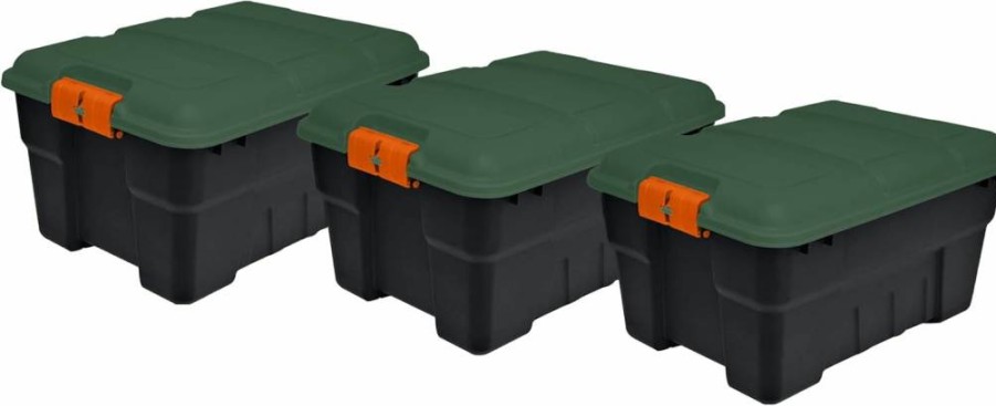 Rubbermaid 14 Gallon Storage Tote Pack of 3 - Durable Design, Built-In Handles, Lockable Lid, Black Base with Green Lid & Orange Handles for Easy Transport