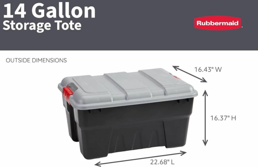 Rubbermaid 14 Gallon Storage Tote Pack of 3 - Durable Design, Built-In Handles, Lockable Lid, Black Base with Green Lid & Orange Handles for Easy Transport