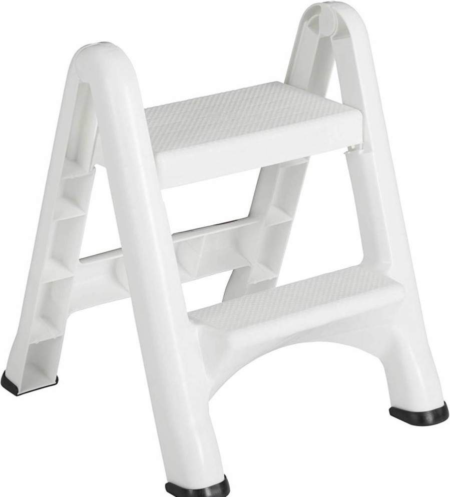 Rubbermaid 14-Inch White Folding Step Stool - 300 lb Capacity, 2-Step Ladder for Adults & Kids, Non-Slip Feet, Compact for Kitchen Bathroom Closet Garage Library