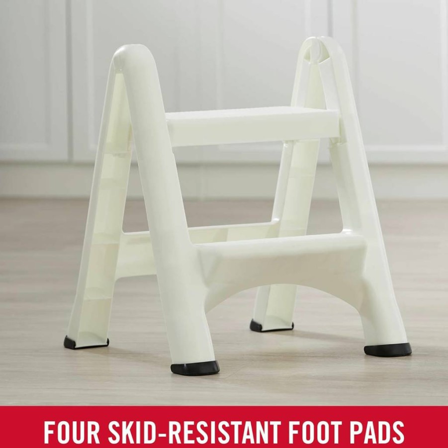 Rubbermaid 14-Inch White Folding Step Stool - 300 lb Capacity, 2-Step Ladder for Adults & Kids, Non-Slip Feet, Compact for Kitchen Bathroom Closet Garage Library