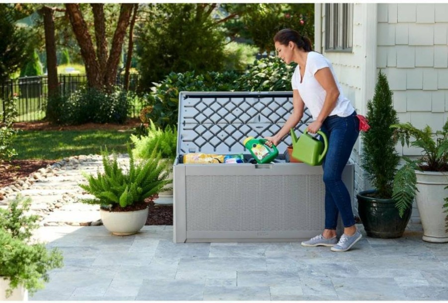 Rubbermaid 74-Gallon Black Resin Deck Storage Box - Weatherproof Outdoor Organizer for Patio Furniture, Pool Toys, Garden Tools, and Backyard Accessories