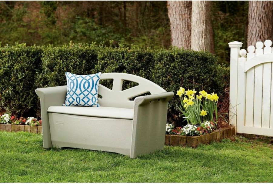 Rubbermaid Resin Outdoor Storage Bench 32 Gallon, Weather-Resistant Brown/Grey Deck Box for Patio Furniture, Pool Toys, Garden Tools, and Backyard Organization