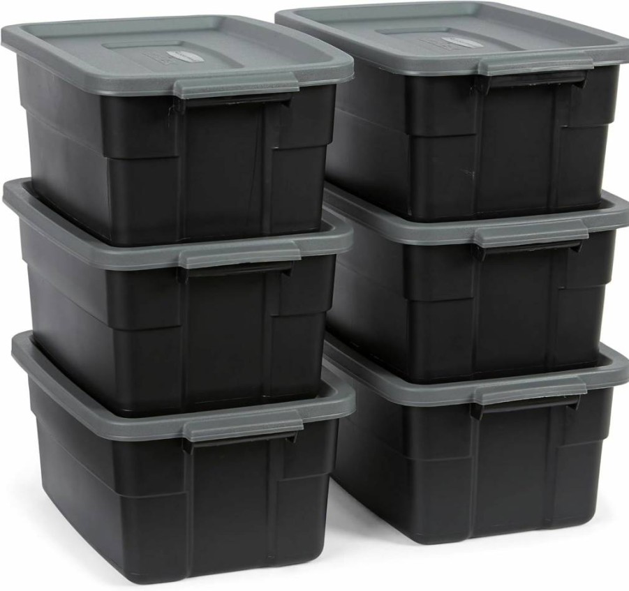 Rubbermaid 10 Gallon Roughneck Tote 6-Pack, Durable Stackable Storage Bins with Lids & Handles, Black & Gray, Made in USA