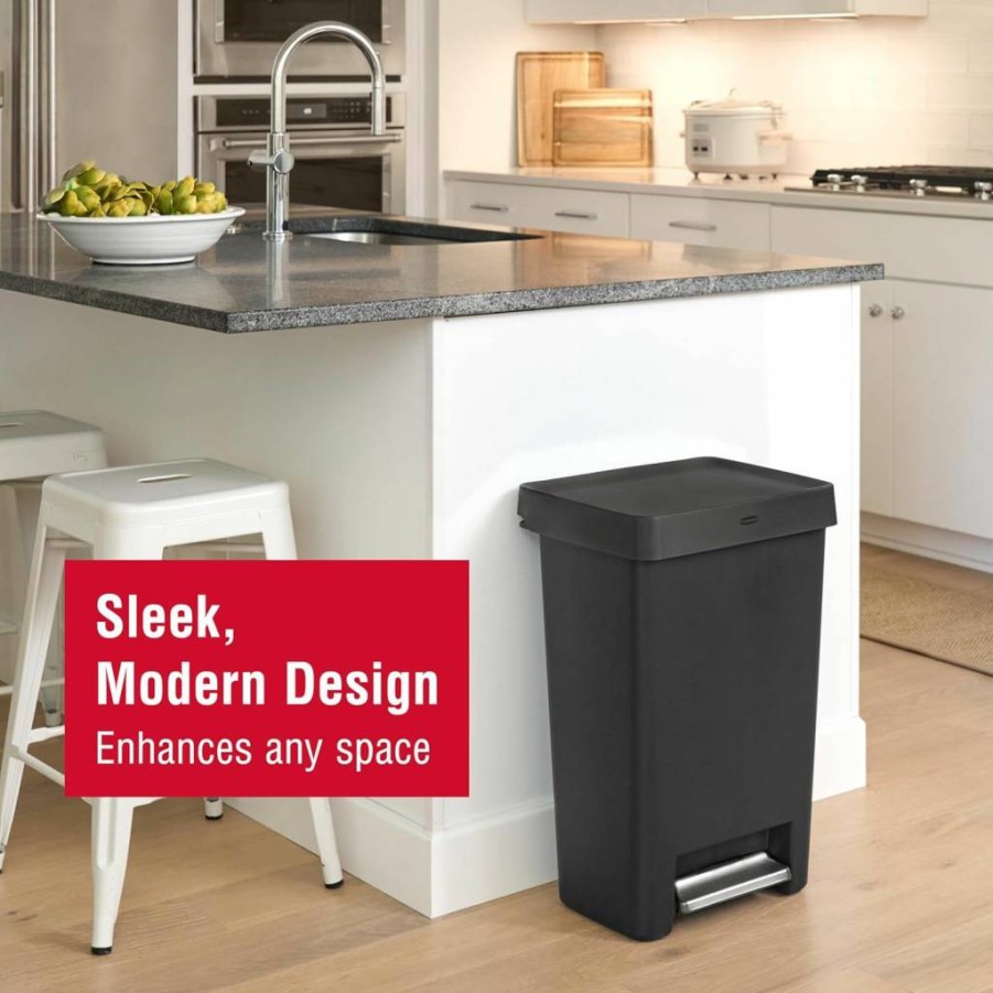 Rubbermaid 12.4 Gallon Step-On Trash Can with Lid - Black Kitchen Garbage Bin for Home, Apartment, or Garage