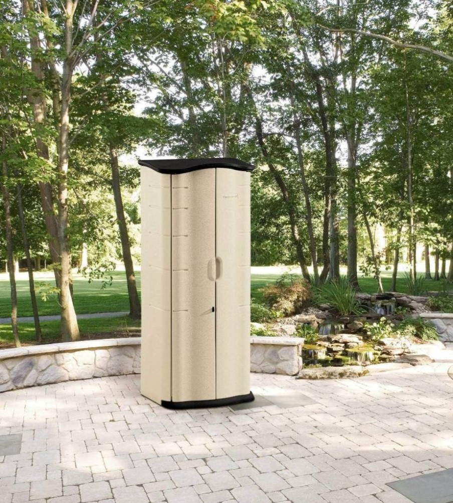 Rubbermaid 2x2.5 Ft Resin Outdoor Storage Shed with Floor, Weather-Resistant Beige Vertical Organizer for Garden Tools, Patio Furniture, Pool Supplies & Backyard Accessories