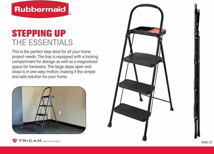 Rubbermaid 3-Step Steel Ladder with Project Tray, Foldable Step Stool with Non-Slip Feet & Hand Grip, White, ANSI Safety Certified, No Assembly Needed (Amazon Exclusive)