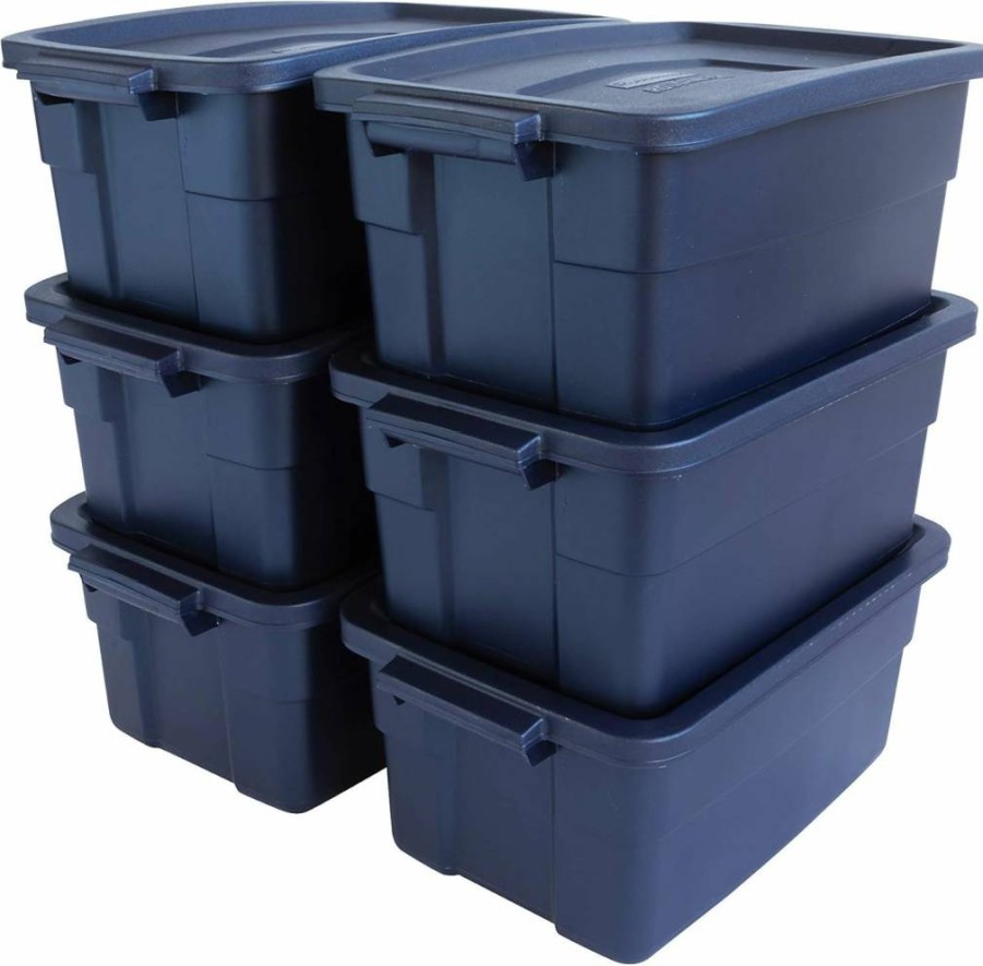 Rubbermaid 8-Pack 10-Gallon Roughneck Storage Bins with Lids - Durable Stackable Plastic Totes, Dark Indigo Metallic, Made in USA
