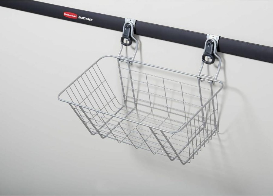 Rubbermaid FastTrack Wall Mounted Wire Mesh Basket – 50 lb Capacity Tool & Sports Storage in Satin Nickel