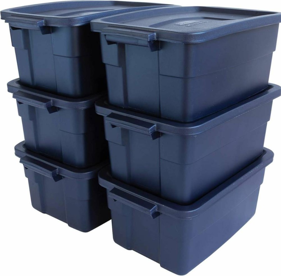 Rubbermaid 3-Pack 31-Gallon Roughneck Storage Bins with Lids, Stackable Plastic Totes, Heavy-Duty Handles, Dark Indigo Metallic, Made in USA