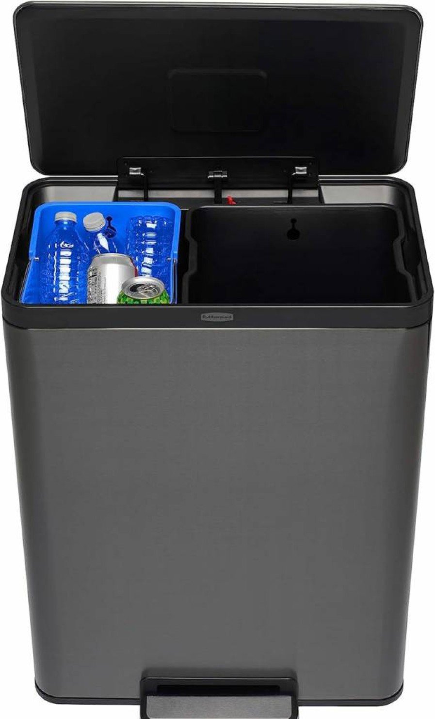 Rubbermaid Elite 15.9 Gallon Stainless Steel Step-On Trash Can with Dual Compartment for Waste and Recycling - Charcoal Kitchen, Office, Garage Bin