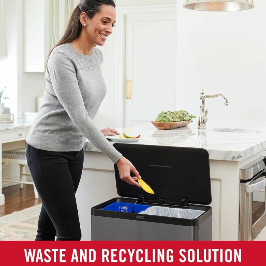 Rubbermaid Elite 15.9 Gallon Stainless Steel Step-On Trash Can with Dual Compartment for Waste and Recycling - Charcoal Kitchen, Office, Garage Bin