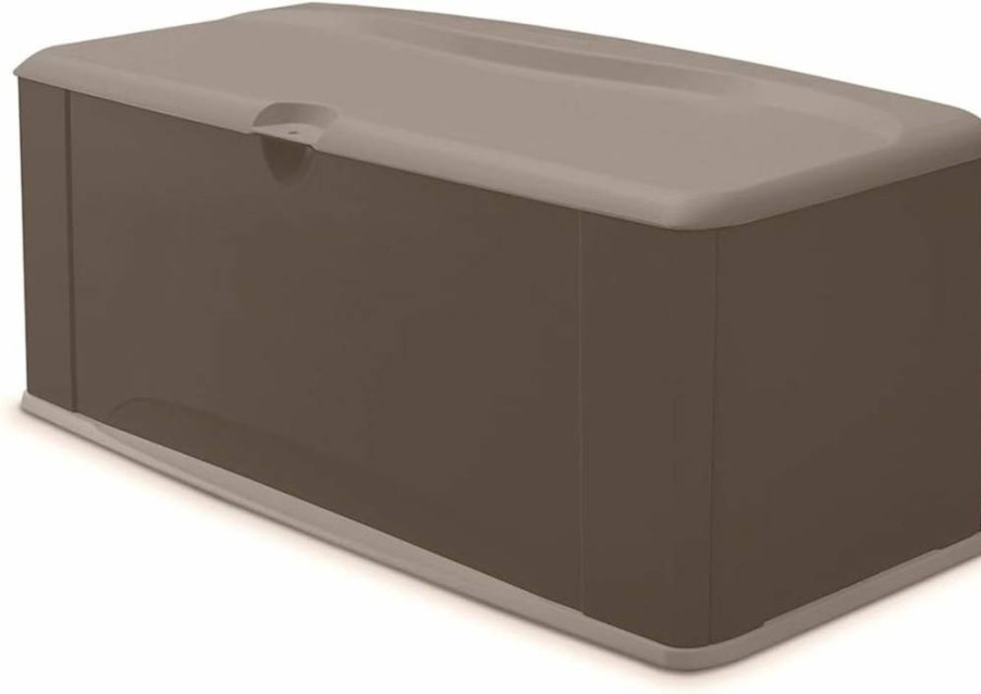 Rubbermaid 120-Gallon Brown Resin Deck Storage Box with Seat – Weatherproof Outdoor Organizer for Patio Furniture, Pool Toys, Garden Tools, and Backyard Accessories