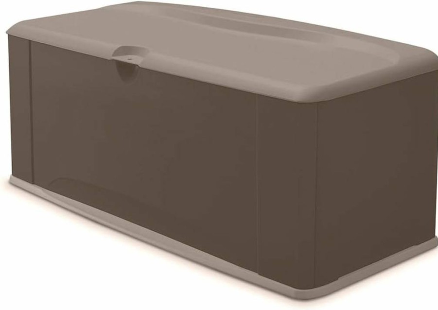 Rubbermaid 90 Gallon Brown Resin Deck Storage Box with Seat - Outdoor Weatherproof Organizer for Patio Furniture, Pool Toys, Garden Tools, and Backyard Accessories