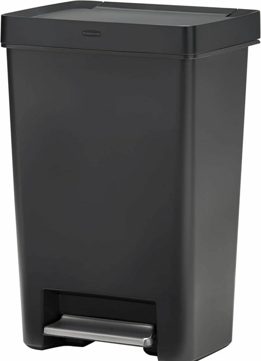 Rubbermaid Premier Stainless Steel Step-On Trash Can - 12.4 Gallon, Charcoal for Kitchen, Home, Office, Garage