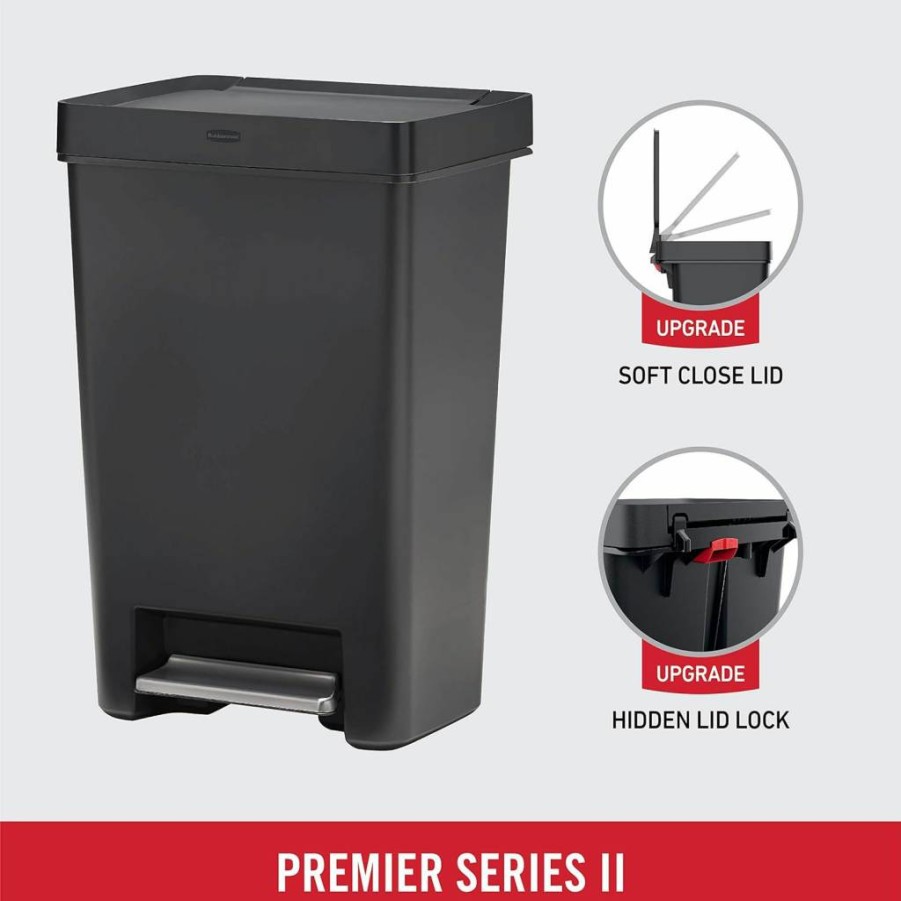 Rubbermaid Premier Stainless Steel Step-On Trash Can - 12.4 Gallon, Charcoal for Kitchen, Home, Office, Garage