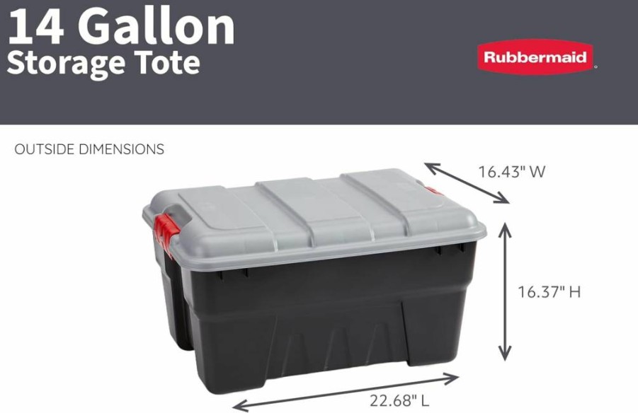 Rubbermaid 16 Gallon Storage Tote Pack of 3 - Durable Design, Lockable Lid, Built-In Handles, Tie-Down Channels, Black Base with Green Lid & Orange Handles for Easy Transport