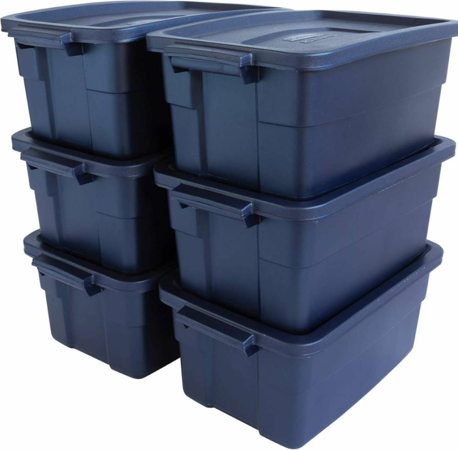 Rubbermaid Roughneck 50-Gallon Storage Tote 2-Pack, Durable Stackable Plastic Bins with Lids & Handles, Dark Indigo Metallic, Made in USA