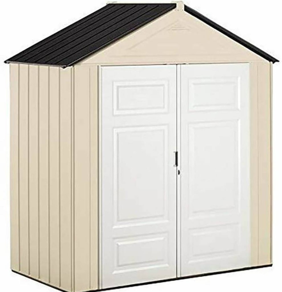 Rubbermaid 7x3.5 Ft. Resin Outdoor Storage Shed with Floor - Weather-Resistant Brown/Grey Organizer for Garden Tools, Lawn Mower, Bikes, Pool Supplies & Backyard Equipment