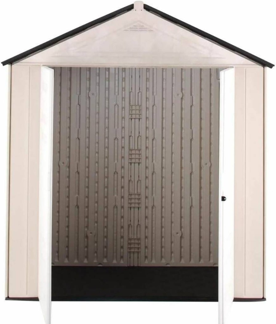 Rubbermaid 7x3.5 Ft. Resin Outdoor Storage Shed with Floor - Weather-Resistant Brown/Grey Organizer for Garden Tools, Lawn Mower, Bikes, Pool Supplies & Backyard Equipment