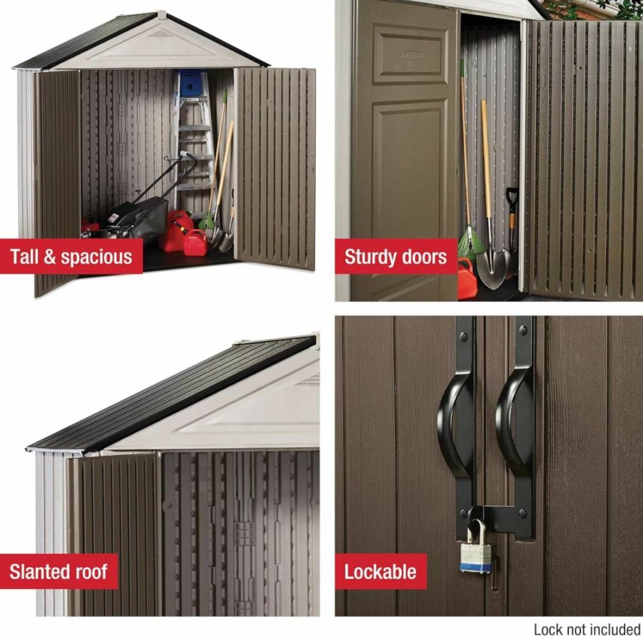 Rubbermaid 7x3.5 Ft. Resin Outdoor Storage Shed with Floor - Weather-Resistant Brown/Grey Organizer for Garden Tools, Lawn Mower, Bikes, Pool Supplies & Backyard Equipment