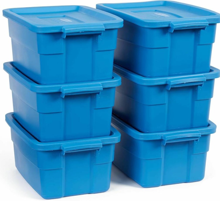 Rubbermaid 14-Gallon Roughneck Tote 6-Pack - Durable Stackable Storage Bins with Lids & Handles, Heritage Blue, Made in USA