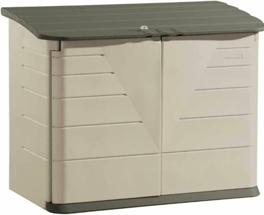Rubbermaid 5x4 FT Outdoor Storage Shed - Weather-Resistant Horizontal Resin Cabinet for Backyard, Pool Supplies, Garden Tools, Patio Furniture (Beige/Brown)