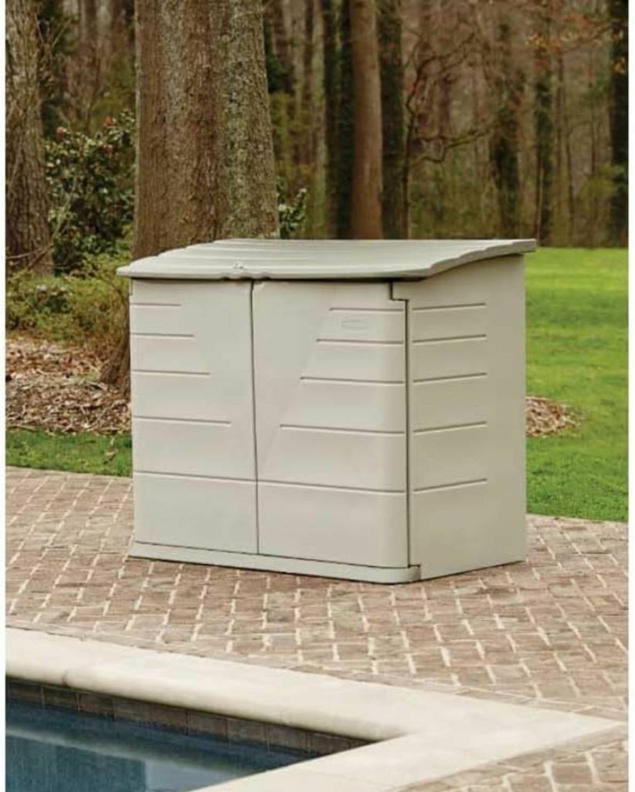 Rubbermaid 5x4 FT Outdoor Storage Shed - Weather-Resistant Horizontal Resin Cabinet for Backyard, Pool Supplies, Garden Tools, Patio Furniture (Beige/Brown)