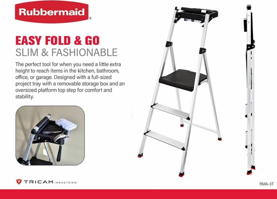Rubbermaid Aluminum 2-Step Folding Ladder - Lightweight Step Stool with Project Top, Silver, No Assembly Required, Meets US Safety Standards