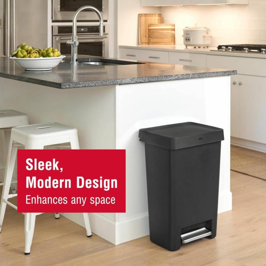 Rubbermaid Premium 13 Gallon Step-On Trash Can with Lid, Stainless Steel Pedal, Gunmetal Blue - Kitchen Waste Bin