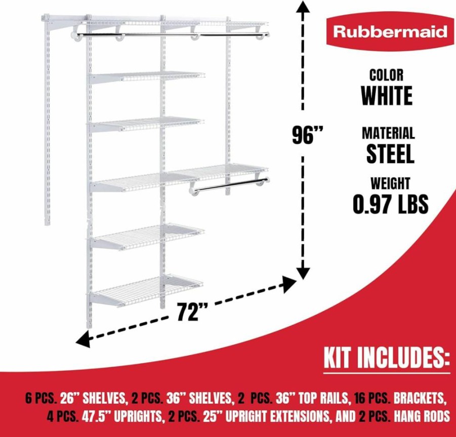 Rubbermaid Custom Closet Organizer Kit - Adjustable 4-8ft Wire Shelving System in Titanium Finish for Pantry, Laundry & Mudroom Storage with Hardware Included