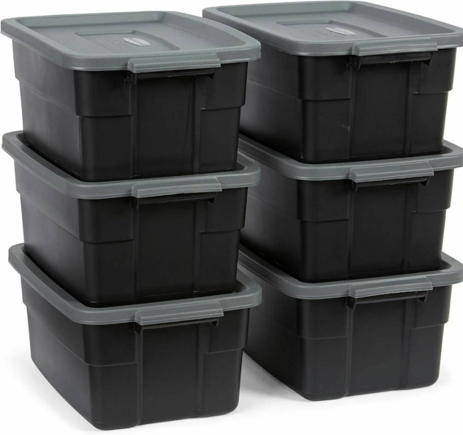 Rubbermaid 14 Gallon Roughneck Storage Totes 6-Pack, Stackable Plastic Bins with Lids & Handles, Durable Black & Gray Containers, Made in USA
