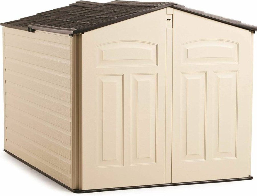 Rubbermaid 5x6.5 FT Outdoor Storage Shed with Slide-Lid, Weather-Resistant Resin Construction for Garden Tools, Lawn Mower, Bike, and Pool Supplies, Beige/Brown Backyard Organization Solution