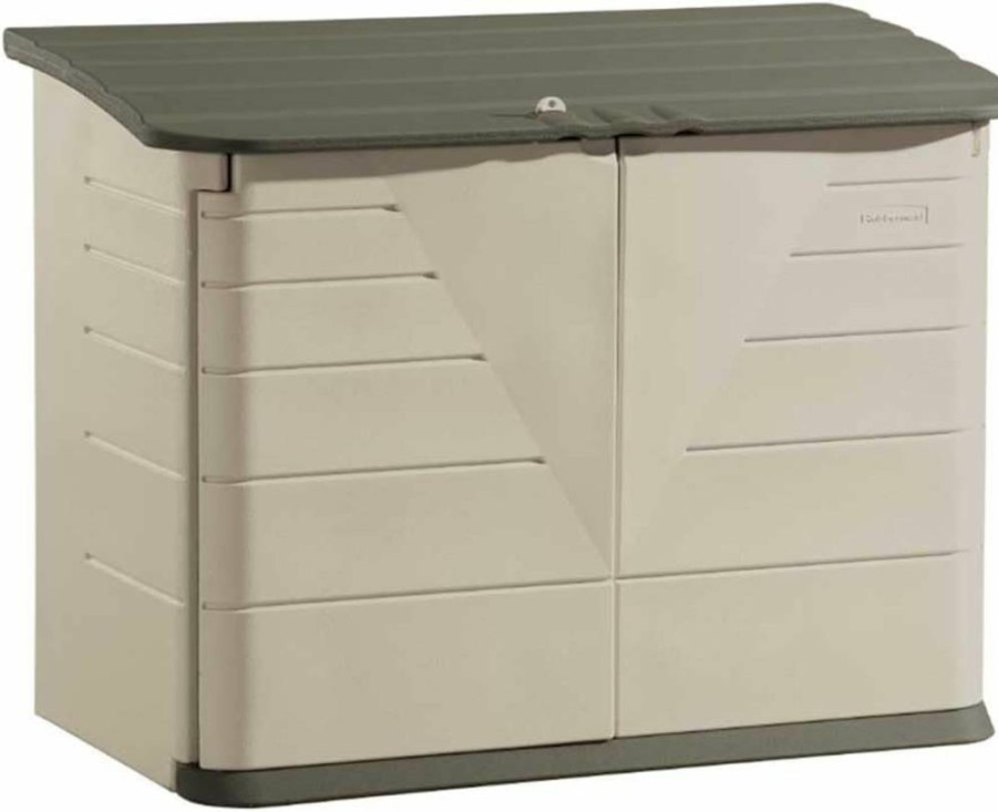 Rubbermaid 4.5x3 Ft Outdoor Storage Shed - Weather-Resistant Resin Construction, Horizontal Design for Home, Backyard, Pool Supplies, Toys, and Garden Tools (Beige/Brown)