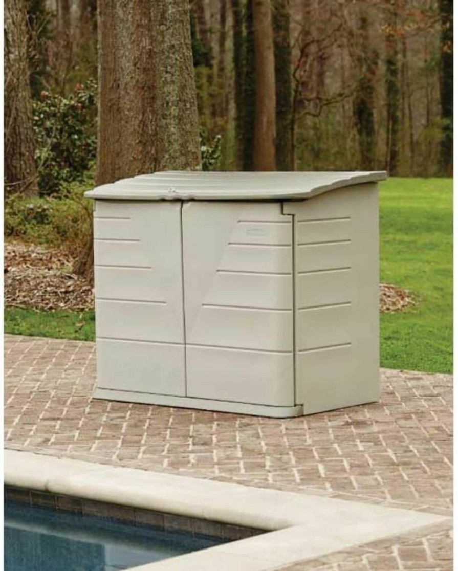 Rubbermaid 4.5x3 Ft Outdoor Storage Shed - Weather-Resistant Resin Construction, Horizontal Design for Home, Backyard, Pool Supplies, Toys, and Garden Tools (Beige/Brown)