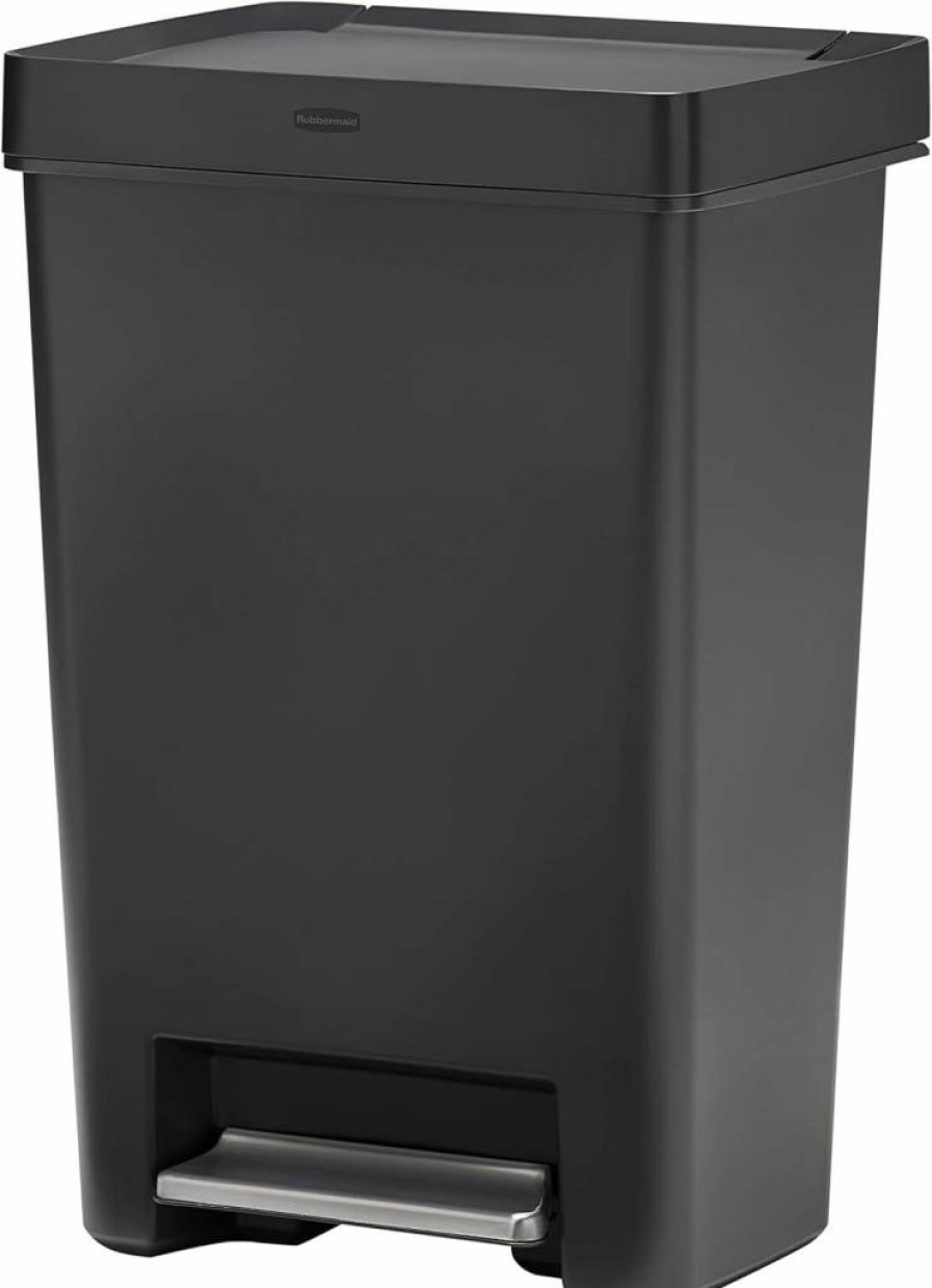 Rubbermaid Premier Stainless Steel Step-On Trash Can 12.4 Gallon with Charcoal Lid for Kitchen Home Office Garage
