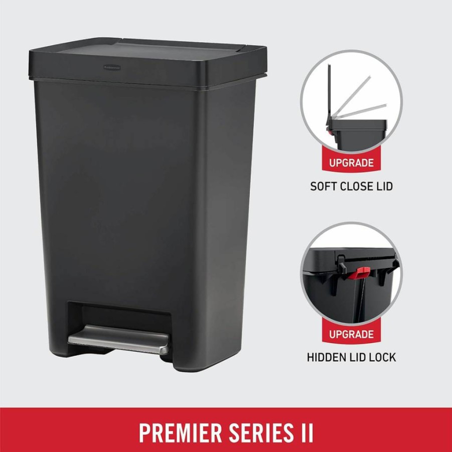 Rubbermaid Premier Stainless Steel Step-On Trash Can 12.4 Gallon with Charcoal Lid for Kitchen Home Office Garage