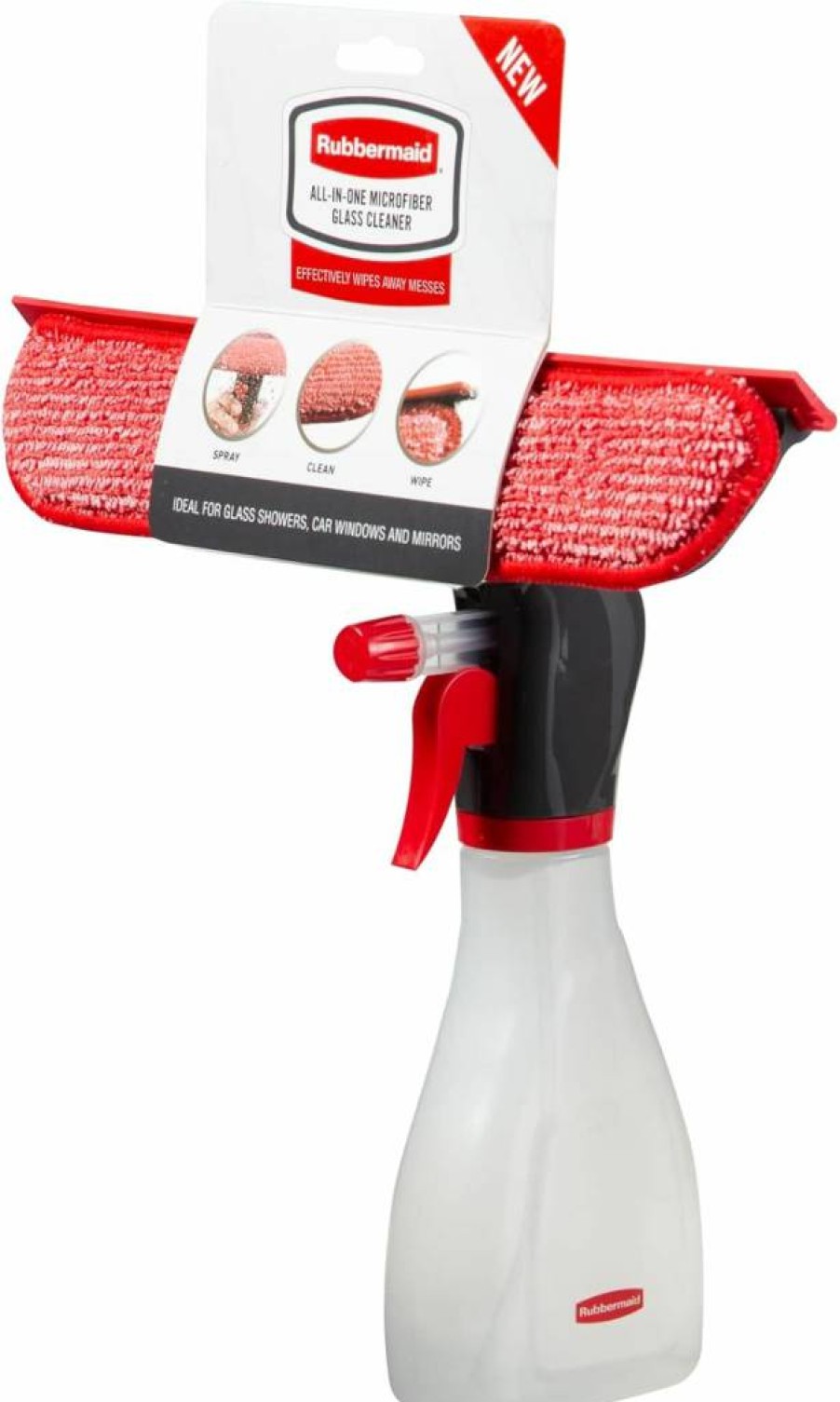 Rubbermaid Red Spray Bottle with Microfiber Pad and Squeegee for Cleaning