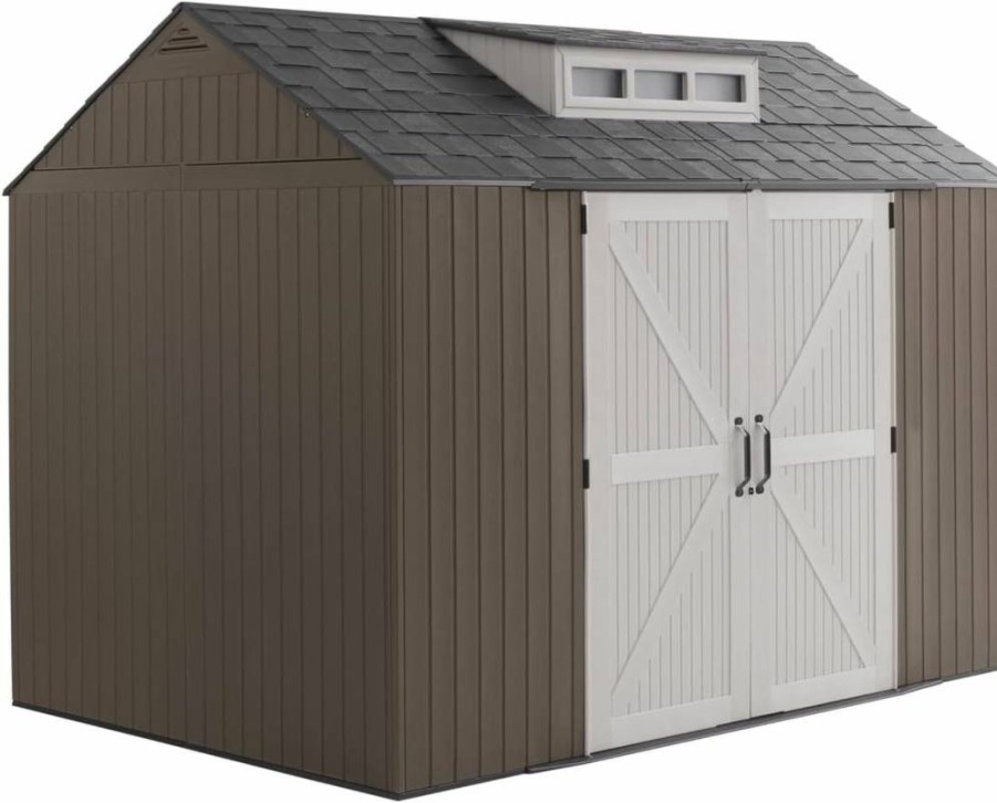 Rubbermaid 7x7 Ft Resin Outdoor Storage Shed with Floor - Weather-Resistant Gray Utility Shed for Garden Tools, Lawn Mowers, Bikes & Pool Equipment - Backyard Organization Solution