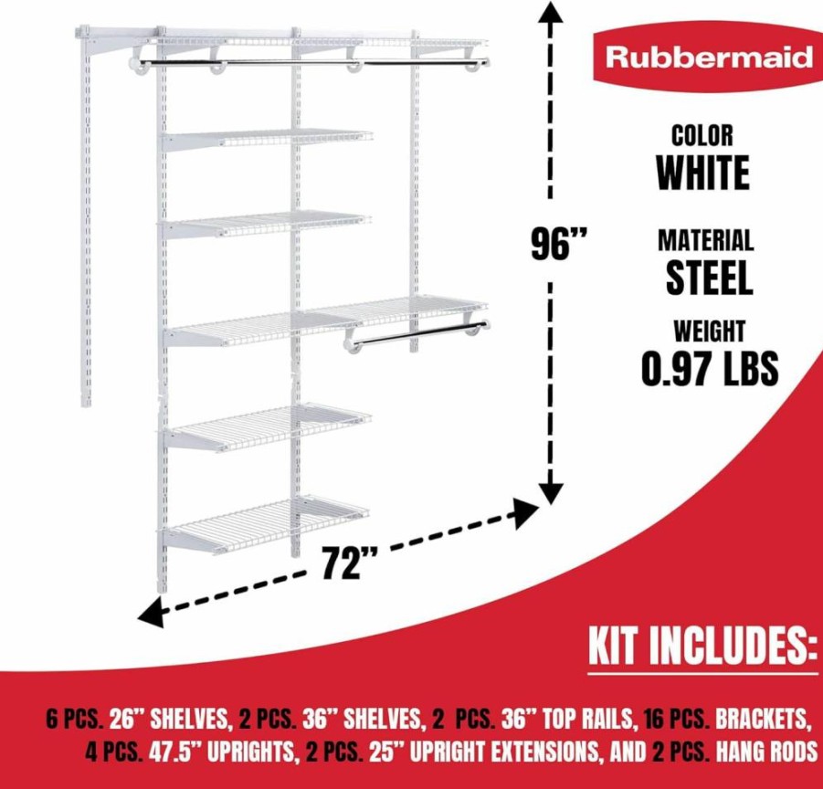 Rubbermaid Adjustable Wire Shelving Kit 3-6 Ft - Expandable Closet Organizer System for Pantry, Laundry, Mudroom - White Finish with Hardware Included