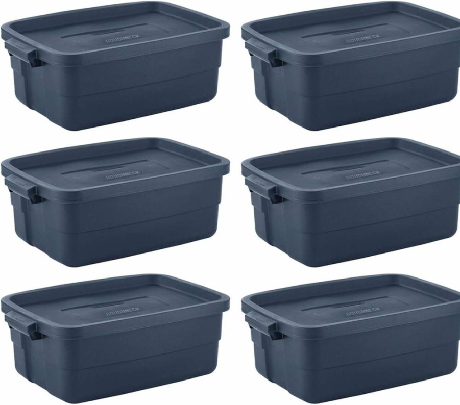 Rubbermaid Roughneck 10-Gallon Storage Bins - Durable, Stackable Plastic Containers with Snap-Tight Lids for Home Organization, Dark Indigo Blue