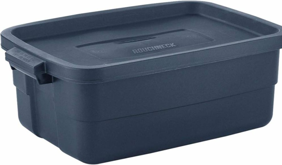 Rubbermaid Roughneck 10-Gallon Storage Bins - Durable, Stackable Plastic Containers with Snap-Tight Lids for Home Organization, Dark Indigo Blue