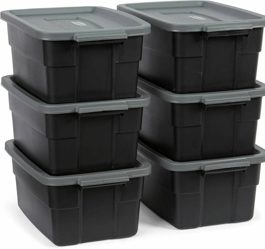 Rubbermaid 3-Gallon Roughneck Storage Bins (6-Pack) – Durable Stackable Totes with Lids & Handles, Black & Gray, Made in USA