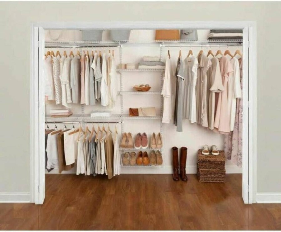 Rubbermaid Adjustable Wire Shelving Kit 3-6 Ft - Expandable Closet Organizer System for Pantry, Laundry, Mudroom - White Metal Shelves with Hardware Included
