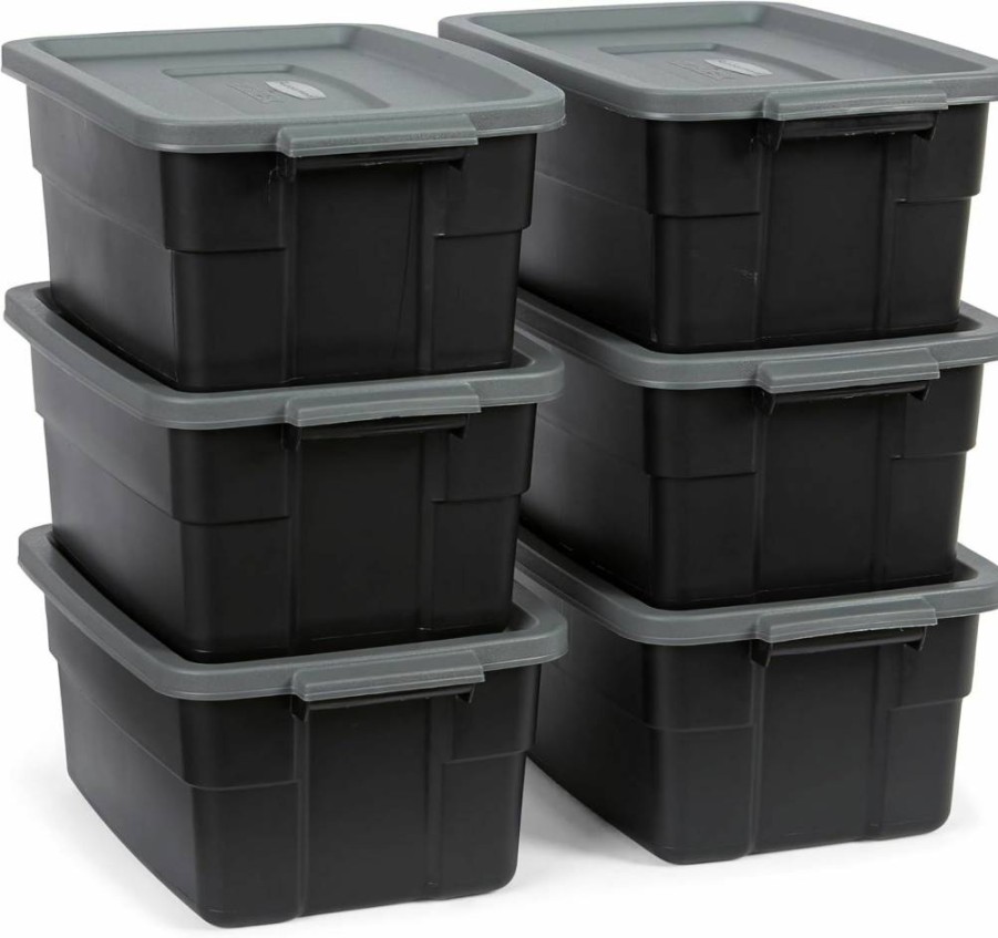 Rubbermaid 3-Pack Stackable 31-Gallon Roughneck Storage Bins with Lids, Heavy-Duty Black & Gray Totes, Made in USA, Durable Plastic Containers with Handles